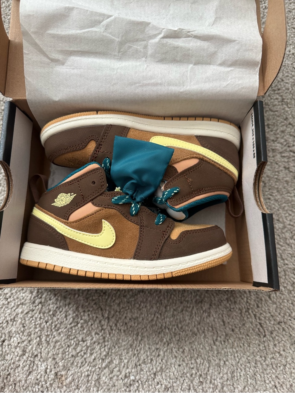 Jordan Kids High-Top Sneakers in Brown, Yellow & Teal
